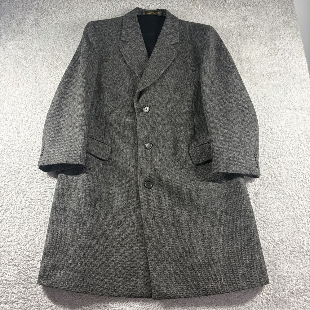 Vintage Wool Herringbone Overcoat Mens 42 Gray Classic Topcoat 100% Wool USA